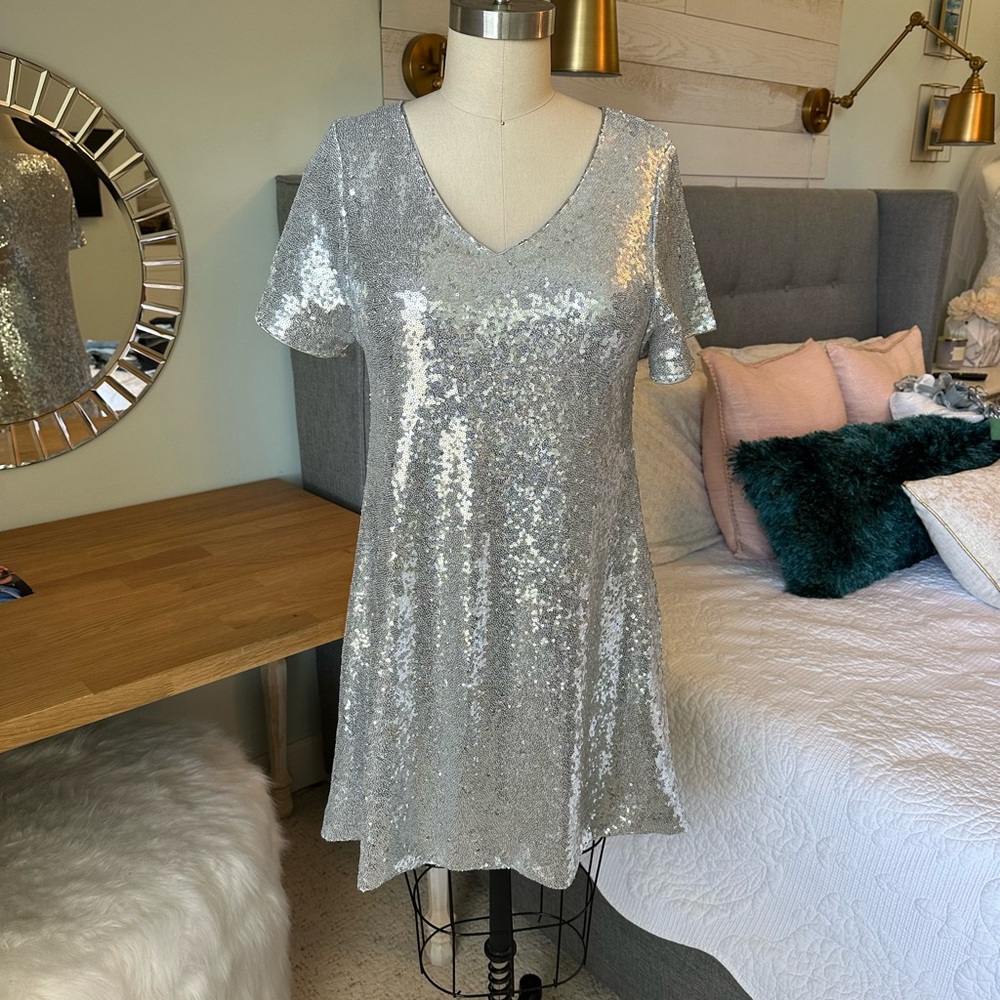 Silver Sequin Short Sleeve Dress